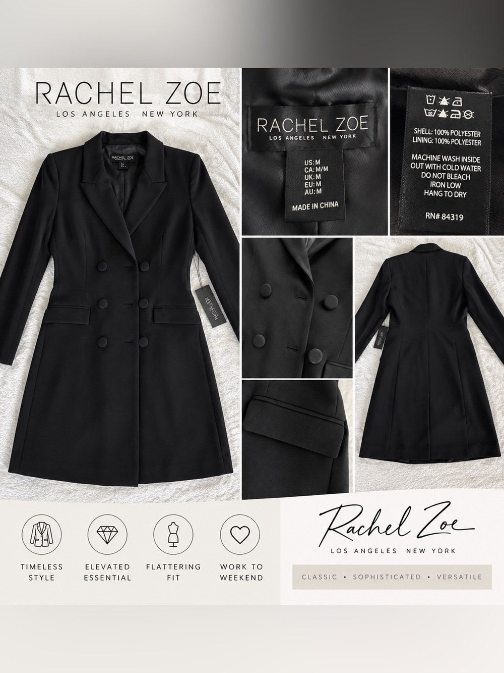 Rachel Zoe Black Double-Breasted Long Blazer
